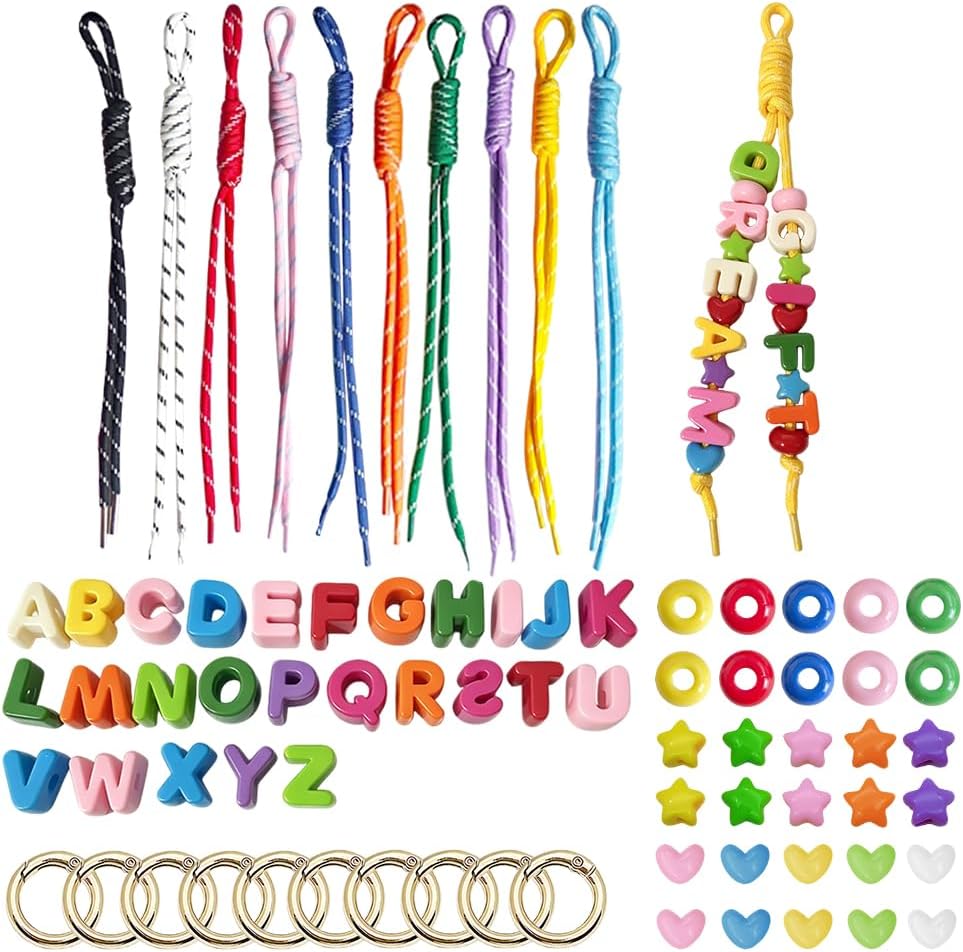 FYBownot Beading Kits 98 Pcs for Keychains Bag Clothes Charm Kit,Chunky Letter Beads 52 Pcs, Paracord 20 Pcs,Wheel Beads 26 Pcs,DIY Colorful Acrylic Loose Beads Alphabet Bead with Hole
