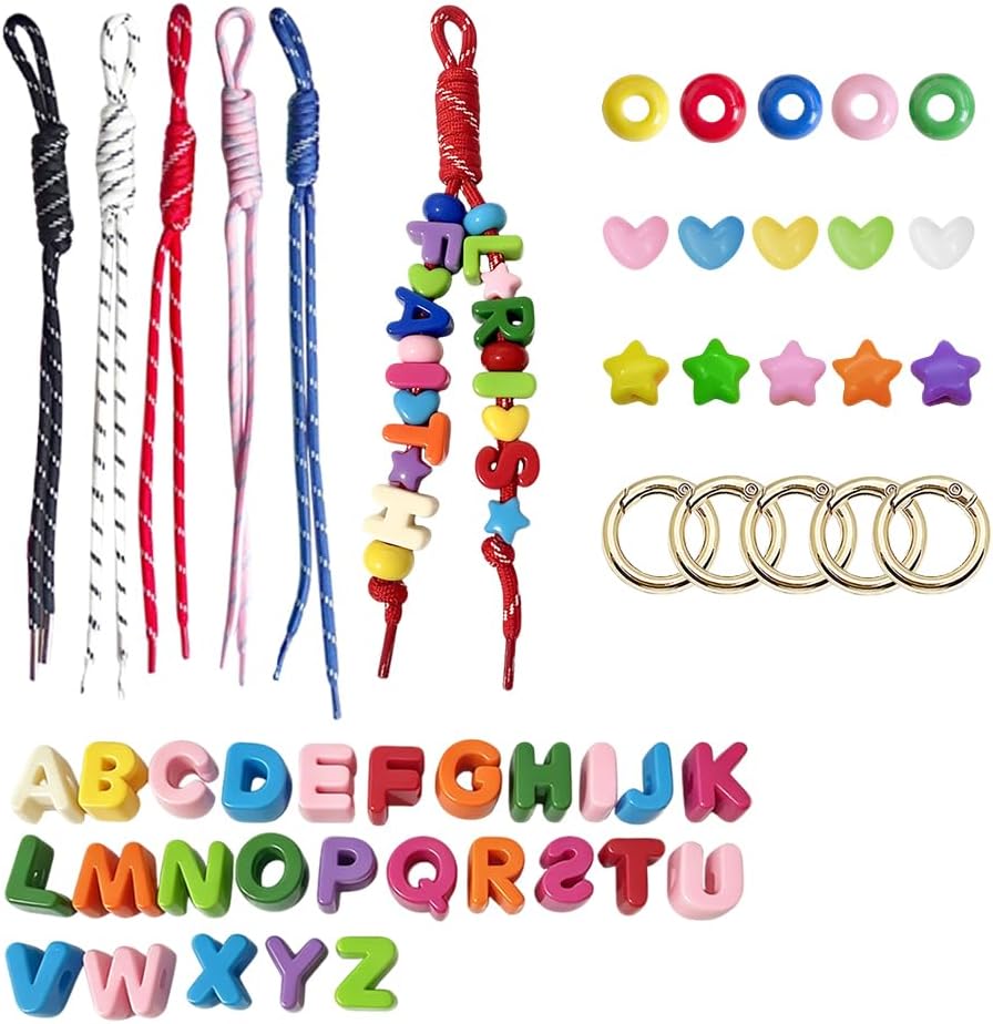 FYBownot Beading Kits 98 Pcs for Keychains Bag Clothes Charm Kit,Chunky Letter Beads 52 Pcs, Paracord 20 Pcs,Wheel Beads 26 Pcs,DIY Colorful Acrylic Loose Beads Alphabet Bead with Hole