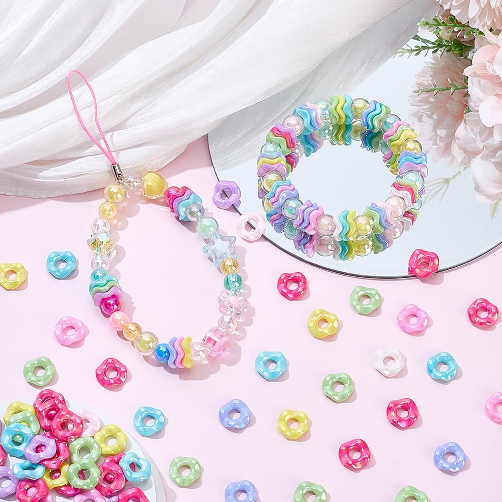 SUNNYCLUE 1 Box 100Pcs Wave Beads Wavy Spacer Beads Ab Color Flower Doughnut Shaped Colorful Plastic Acrylic Wave Spacers for Jewelry Making Beaded Pens DIY Bracelets Necklace Earrings Keychains