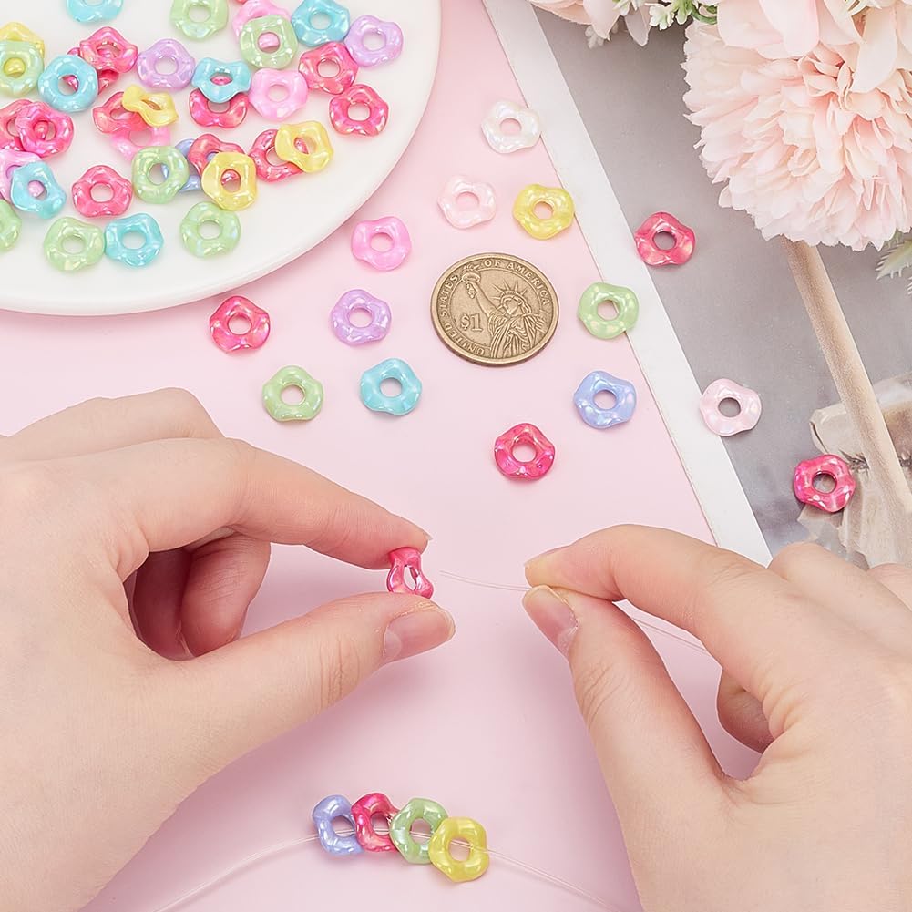 SUNNYCLUE 1 Box 100Pcs Wave Beads Wavy Spacer Beads Ab Color Flower Doughnut Shaped Colorful Plastic Acrylic Wave Spacers for Jewelry Making Beaded Pens DIY Bracelets Necklace Earrings Keychains