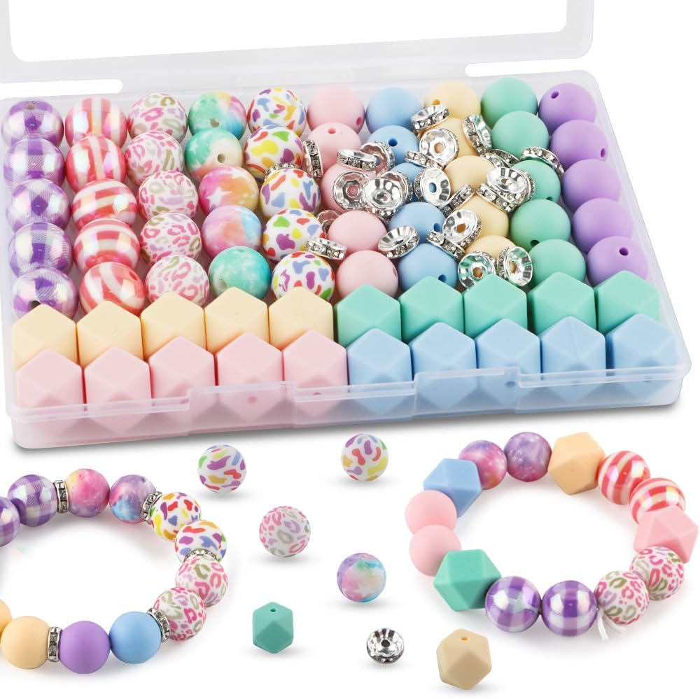 100PCS Mix Multicolor Warm Print Silicone Beads Hexagon Acrylic, 15mm Silicone Beads for Keychain Making
