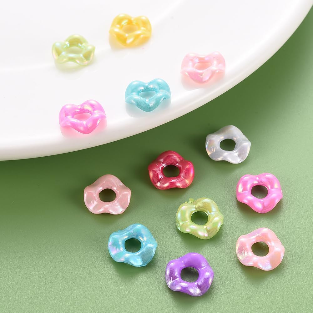 SUNNYCLUE 1 Box 100Pcs Wave Beads Wavy Spacer Beads Ab Color Flower Doughnut Shaped Colorful Plastic Acrylic Wave Spacers for Jewelry Making Beaded Pens DIY Bracelets Necklace Earrings Keychains
