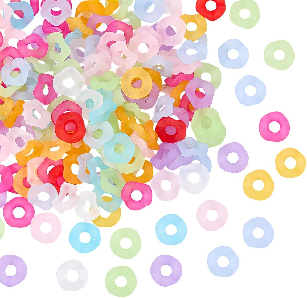 SUNNYCLUE 1 Box 100Pcs Wave Beads Wavy Spacer Beads Ab Color Flower Doughnut Shaped Colorful Plastic Acrylic Wave Spacers for Jewelry Making Beaded Pens DIY Bracelets Necklace Earrings Keychains