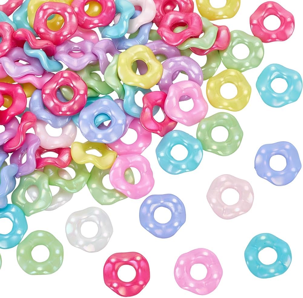 SUNNYCLUE 1 Box 100Pcs Wave Beads Wavy Spacer Beads Ab Color Flower Doughnut Shaped Colorful Plastic Acrylic Wave Spacers for Jewelry Making Beaded Pens DIY Bracelets Necklace Earrings Keychains