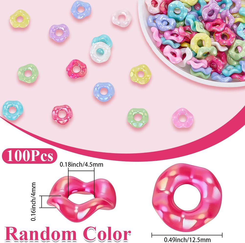 SUNNYCLUE 1 Box 100Pcs Wave Beads Wavy Spacer Beads Ab Color Flower Doughnut Shaped Colorful Plastic Acrylic Wave Spacers for Jewelry Making Beaded Pens DIY Bracelets Necklace Earrings Keychains