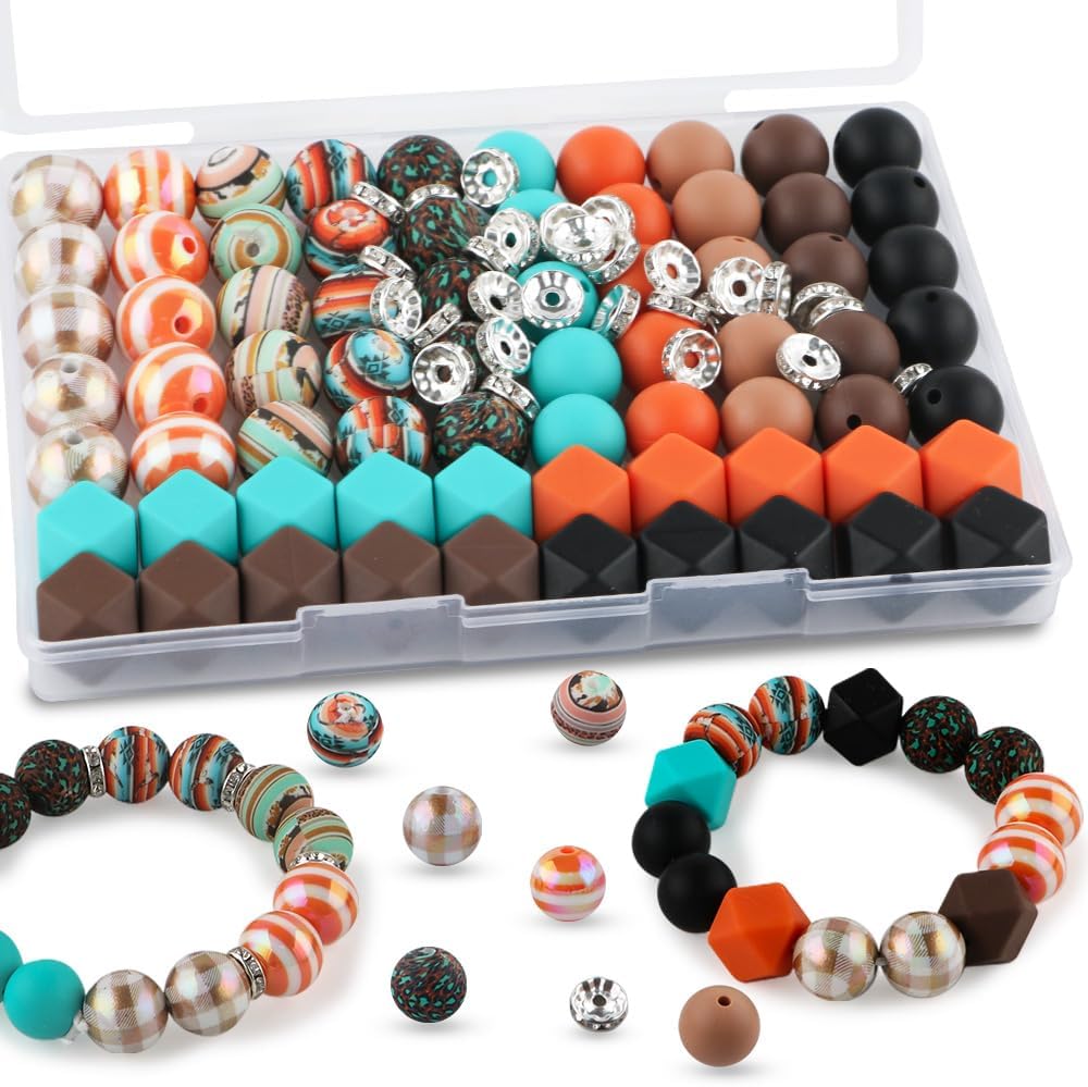 100PCS Mix Multicolor Warm Print Silicone Beads Hexagon Acrylic, 15mm Silicone Beads for Keychain Making