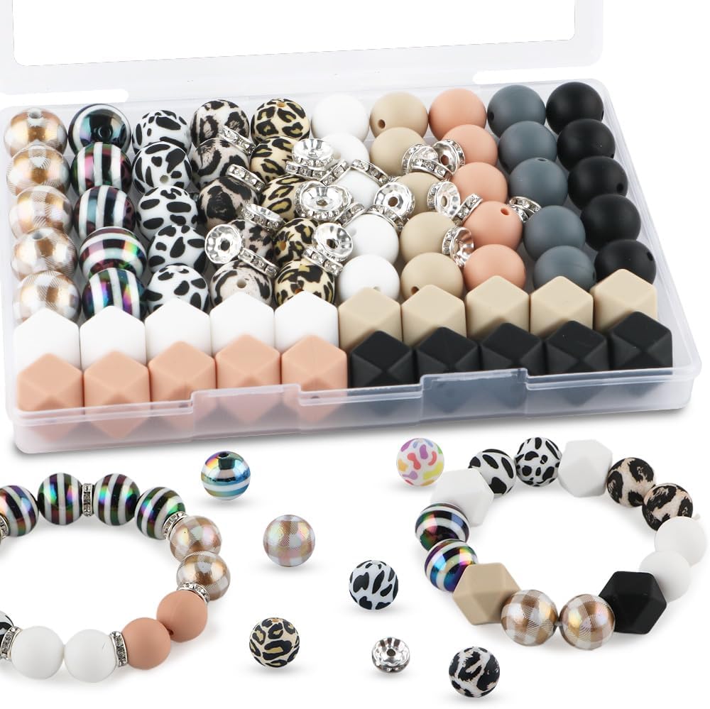 100PCS Mix Multicolor Warm Print Silicone Beads Hexagon Acrylic, 15mm Silicone Beads for Keychain Making