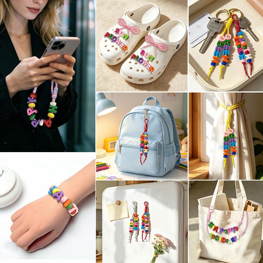 FYBownot Beading Kits 98 Pcs for Keychains Bag Clothes Charm Kit,Chunky Letter Beads 52 Pcs, Paracord 20 Pcs,Wheel Beads 26 Pcs,DIY Colorful Acrylic Loose Beads Alphabet Bead with Hole
