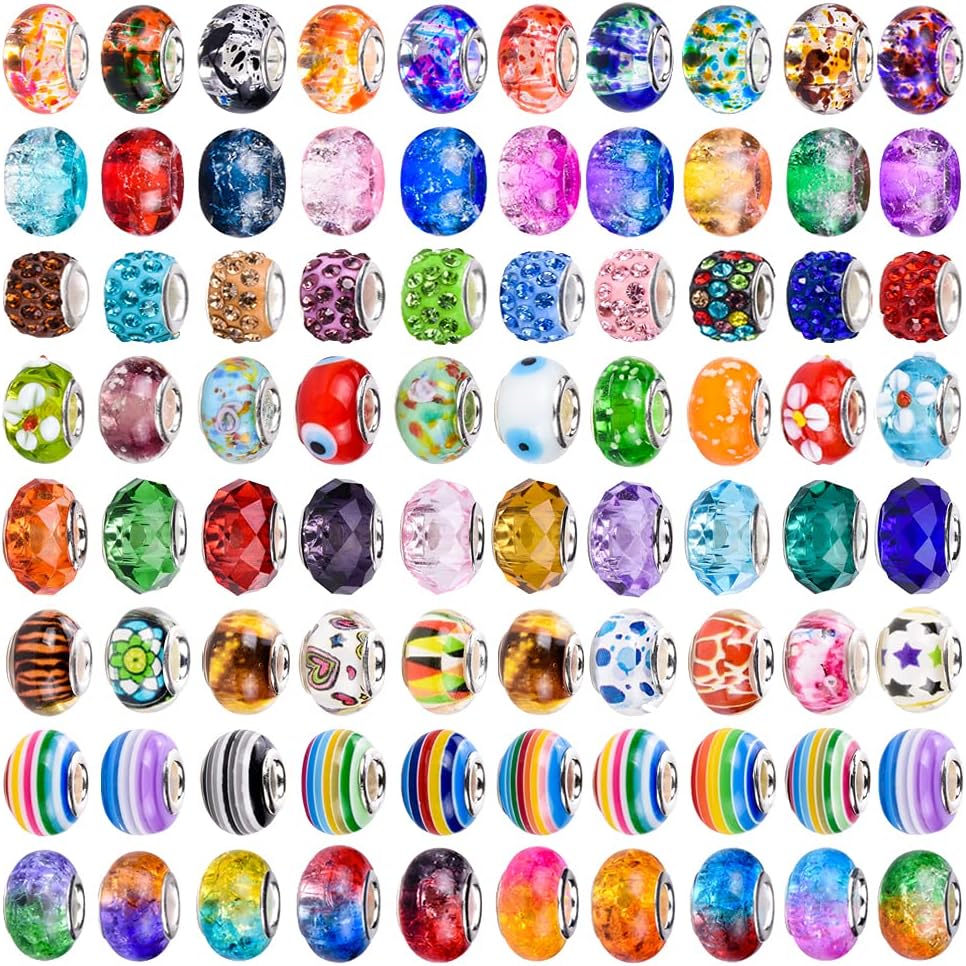 120 Pieces Assorted European Craft Beads Large Hole Lampwork Spacer Beads Colorful European Beads for DIY Necklace Bracelet Jewelry Making