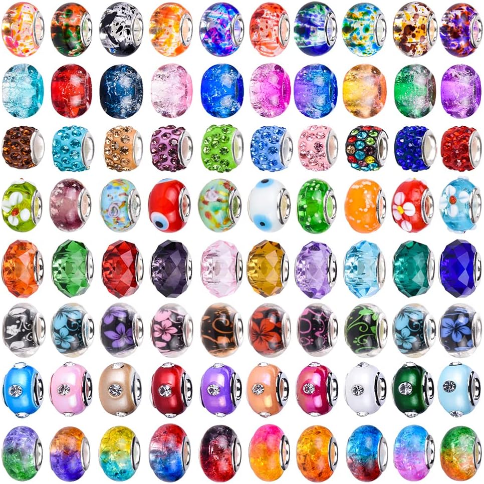120 Pieces Assorted European Craft Beads Large Hole Lampwork Spacer Beads Colorful European Beads for DIY Necklace Bracelet Jewelry Making