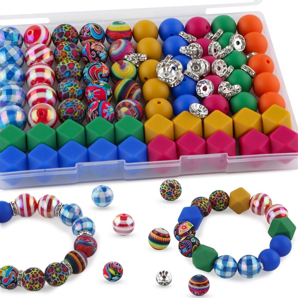 100PCS Mix Multicolor Warm Print Silicone Beads Hexagon Acrylic, 15mm Silicone Beads for Keychain Making