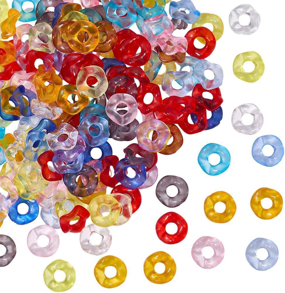 SUNNYCLUE 1 Box 100Pcs Wave Beads Wavy Spacer Beads Ab Color Flower Doughnut Shaped Colorful Plastic Acrylic Wave Spacers for Jewelry Making Beaded Pens DIY Bracelets Necklace Earrings Keychains