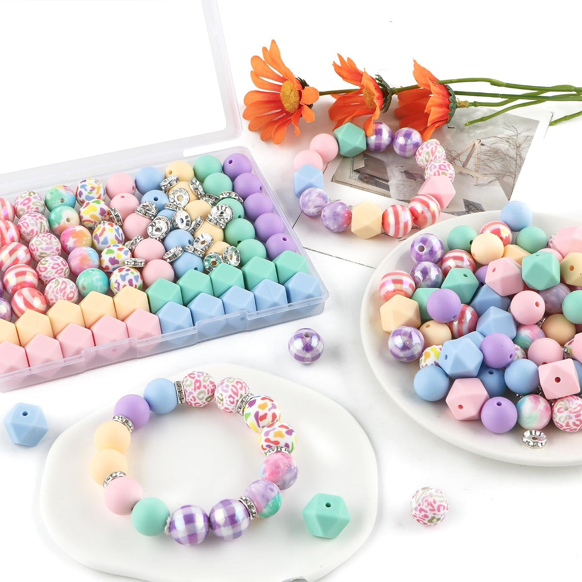 100PCS Mix Multicolor Warm Print Silicone Beads Hexagon Acrylic, 15mm Silicone Beads for Keychain Making