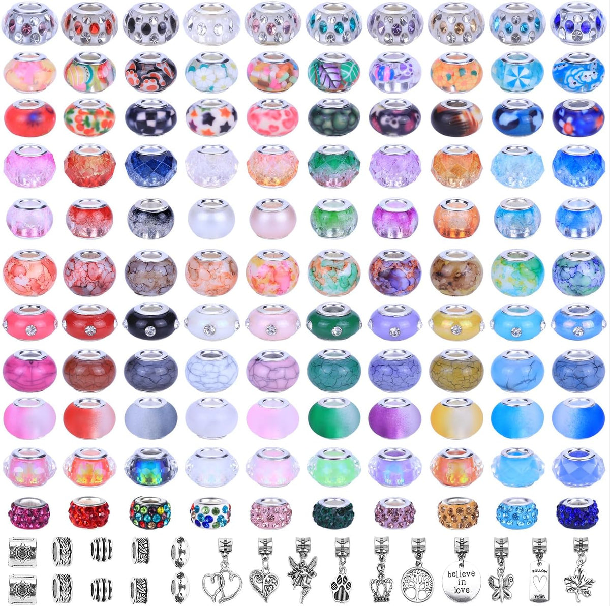 120 Pieces Assorted European Craft Beads Large Hole Lampwork Spacer Beads Colorful European Beads for DIY Necklace Bracelet Jewelry Making