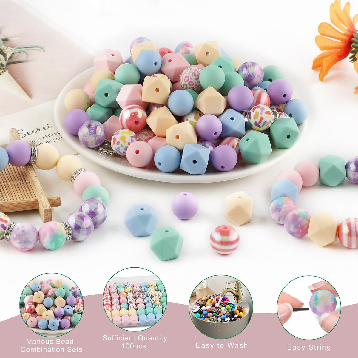 100PCS Mix Multicolor Warm Print Silicone Beads Hexagon Acrylic, 15mm Silicone Beads for Keychain Making