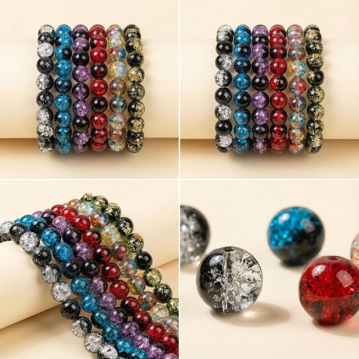 Glass Crystal Beads for Jewelry Making Kit, 6 Colors 300 PCS Colorful 10 mm Glass Beads for Bracelets Home Decor DIY Crafts Bracelet Necklace Supplies with Hemp Rope Handmade Polished Elastic Strings