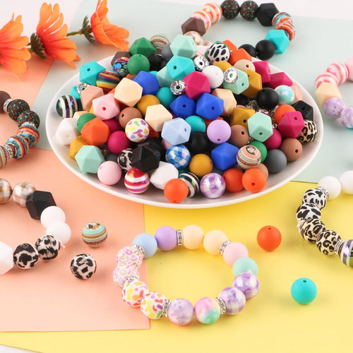 100PCS Mix Multicolor Warm Print Silicone Beads Hexagon Acrylic, 15mm Silicone Beads for Keychain Making